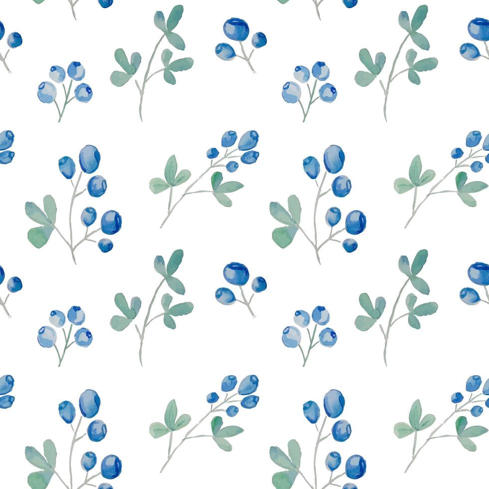 Blueberry and leaves seamless watercolor pattern. Vector illustration