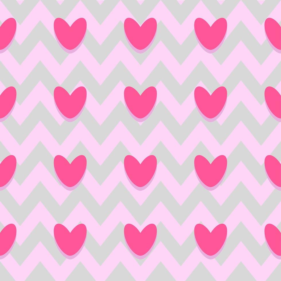 Seamless pattern with pink glow hearts on zigzag pink grey background. Love, Valentine's day concepts. Geometric abstract vector design.