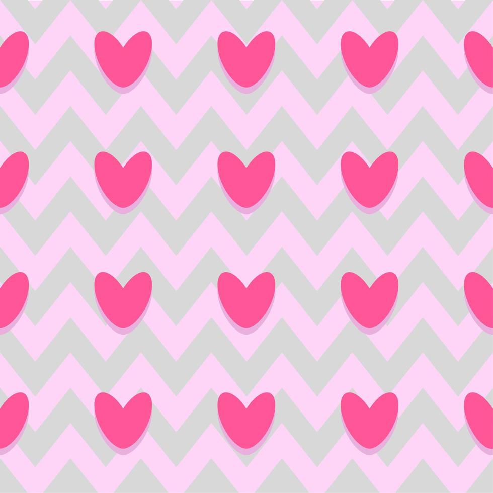 Seamless pattern with pink glow hearts on zigzag pink grey background. Love, Valentine's day concepts. Geometric abstract vector design.