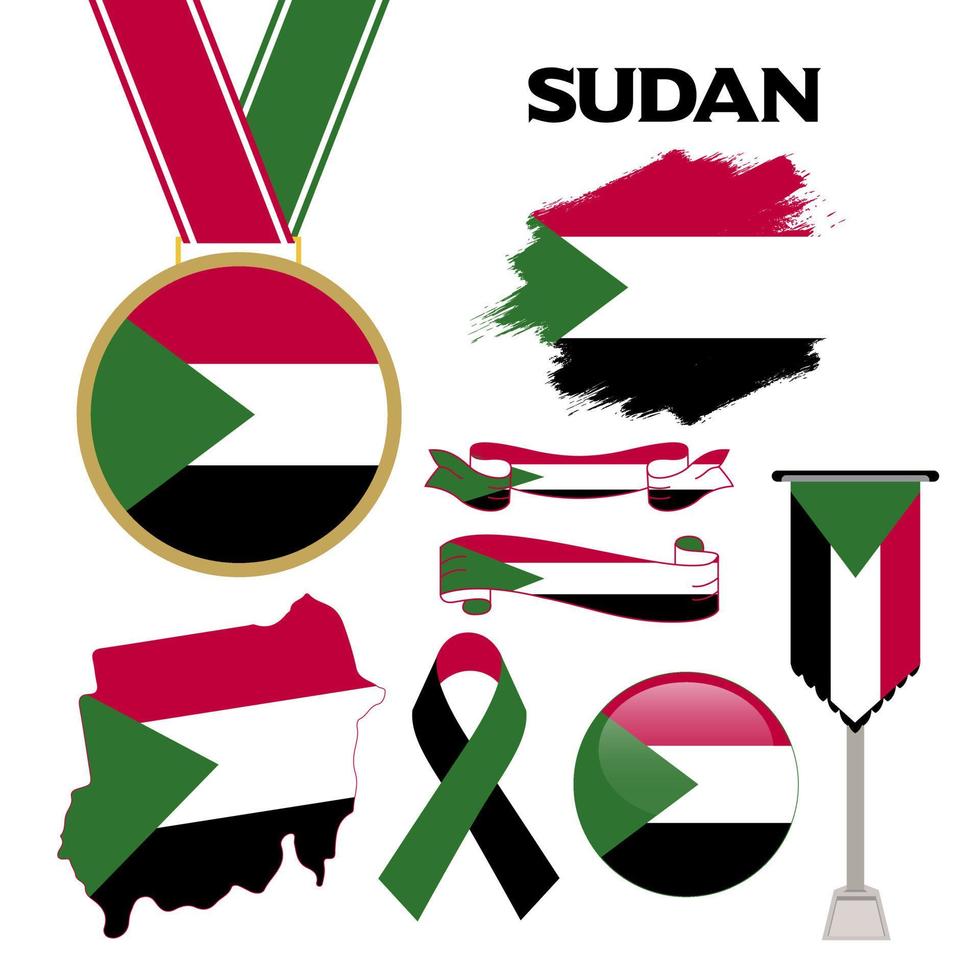 Elements Collection With The Flag of Sudan Design Template. Sudan Flag, Ribbons, Medal, Map, Grunge Texture and Button vector
