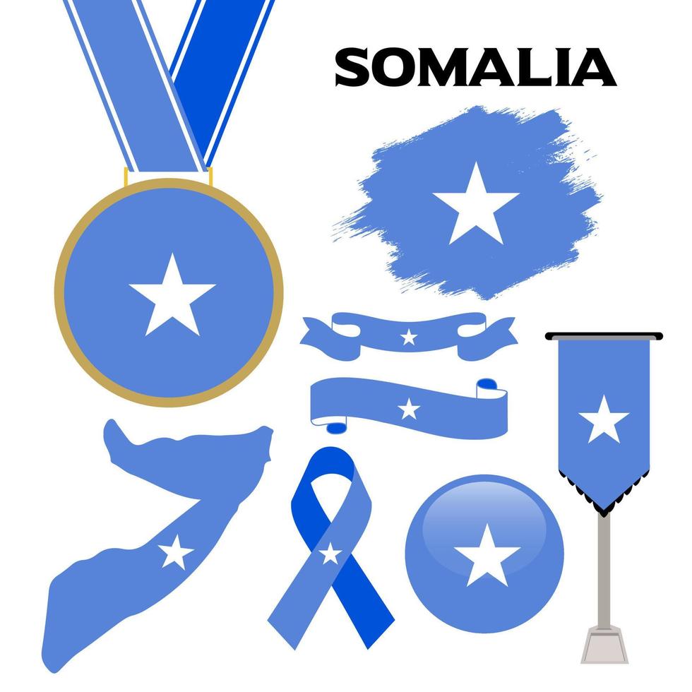 Elements Collection With The Flag of Somalia Design Template. Somalia Flag, Ribbons, Medal, Map, Grunge Texture and Button vector