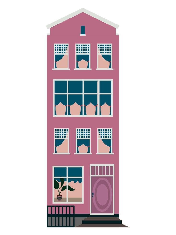Illustration of the facade of a pink house in the city with windows and curtains vector