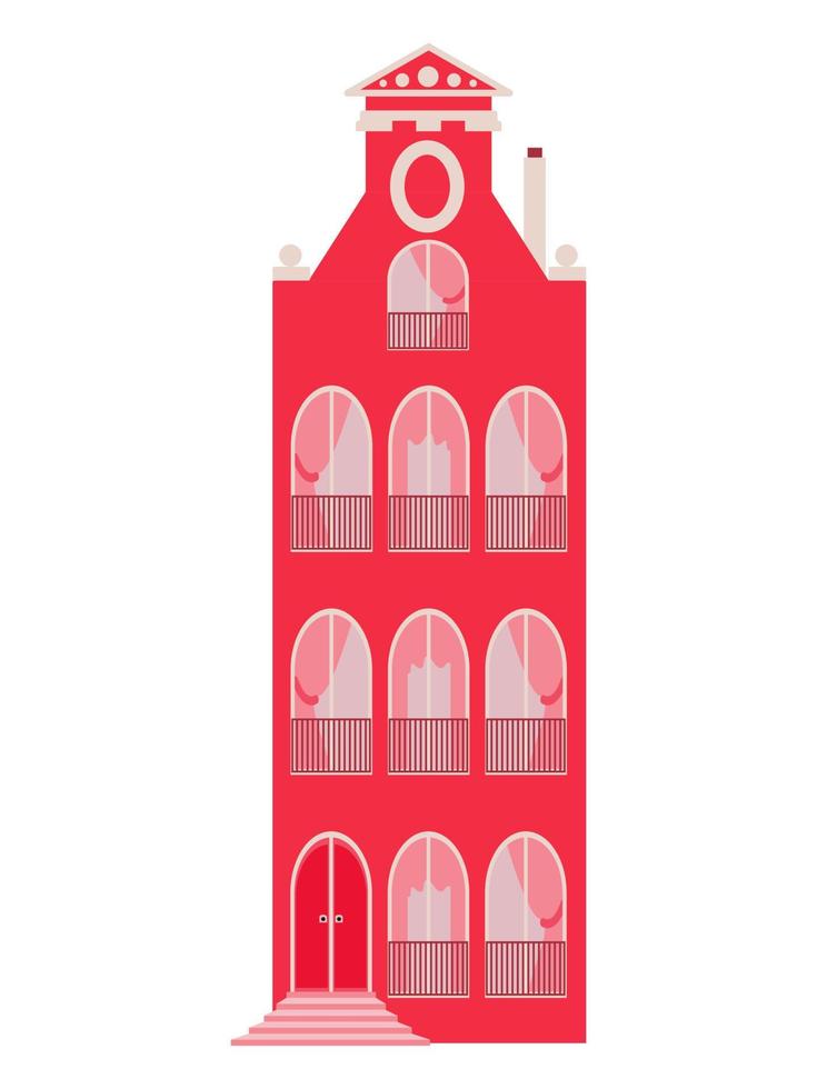 Illustration of the facade of a red house in the city with windows and curtains vector