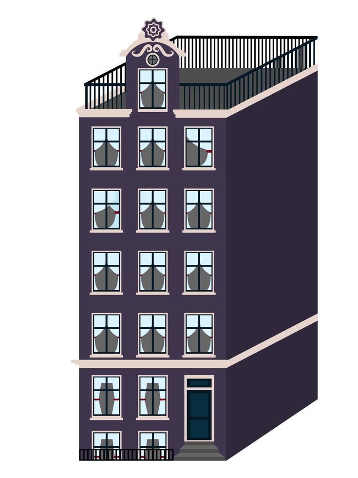 ilustración de la fachada de una casa y una azotea en la ciudad con ventanas y cortinas vector