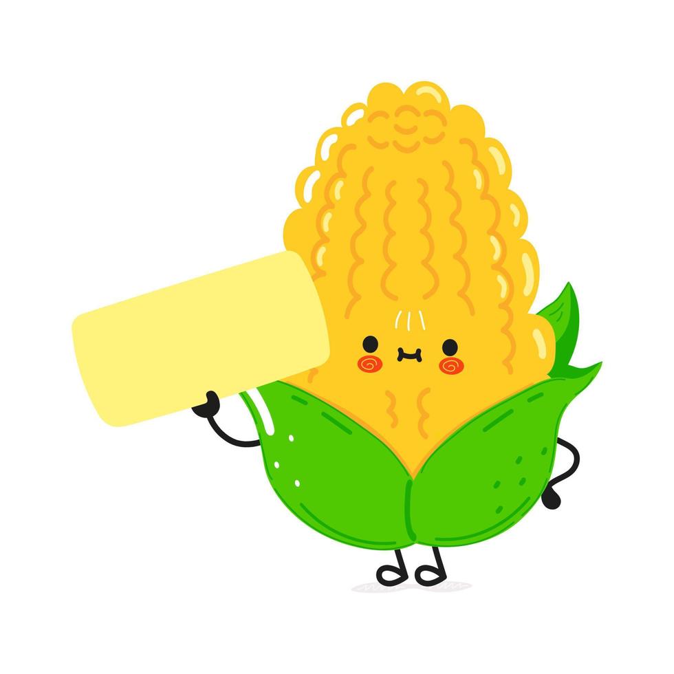 Cute funny corn character with speech bubble. Vector hand drawn cartoon kawaii character illustration icon. Isolated on white background. Corn character concept