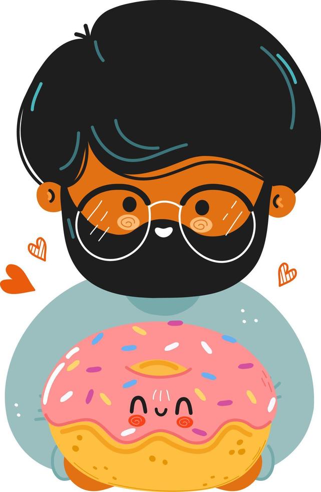 jóvenes lindos hombres graciosos sostienen donut en la mano. niño abraza lindo donut. diseño de icono de ilustración de personaje de dibujos animados de estilo de fideos dibujado a mano vectorial. aislado sobre fondo blanco vector