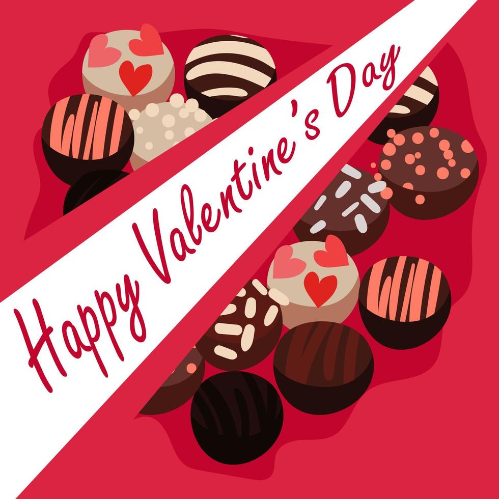 Illustration with chocolates in the form of a Valentine's day card. Candy on a pink background with an inscription. Printing on paper for the holiday. Mother's day, birthday. Postcard, banner vector