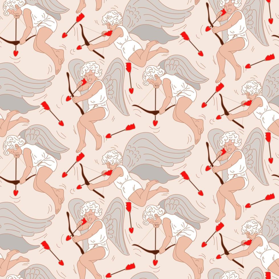 A pattern of cupids shooting at hearts and looking for a soul mate. Hunting for flying hearts. Angels with wings bows and arrows. Printing on textiles and paper. Cute retro style gift wrapping vector