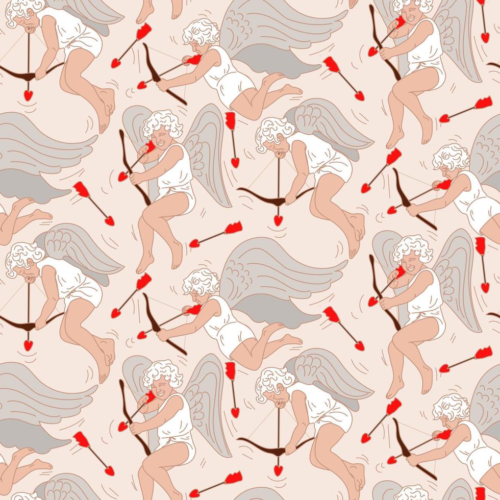 A pattern of cupids shooting at hearts and looking for a soul mate. Hunting for flying hearts. Angels with wings bows and arrows. Printing on textiles and paper. Cute retro style gift wrapping vector