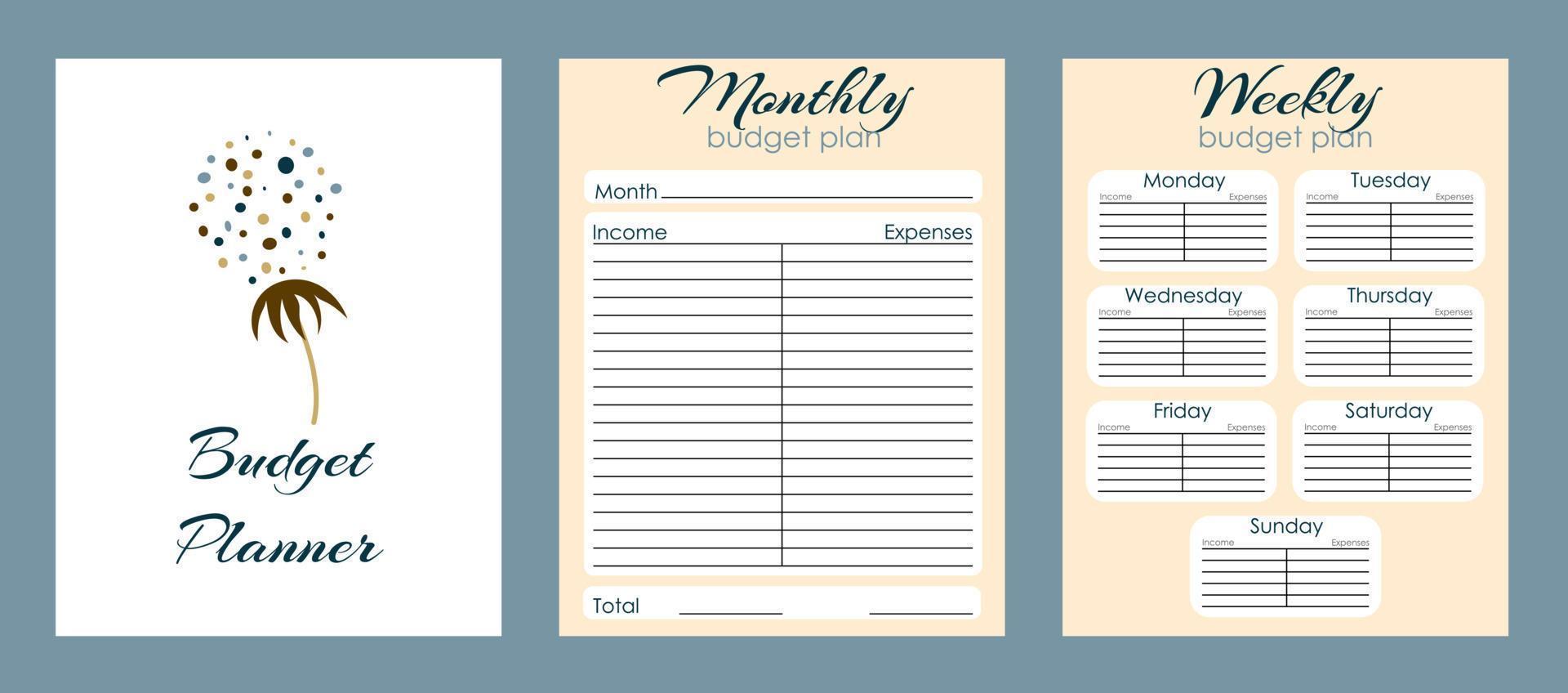 Budget planner page design template with Dandelion print. Monthly and weekly budget plan template. Vector illustration