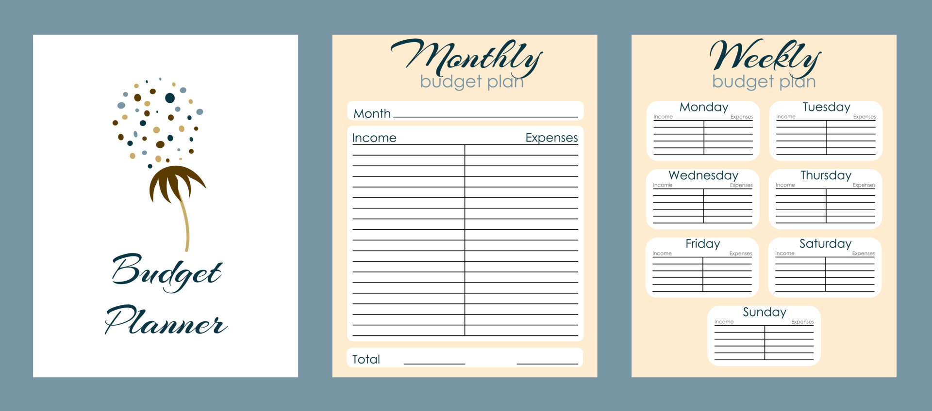 Budget planner page design template with Dandelion print. Monthly