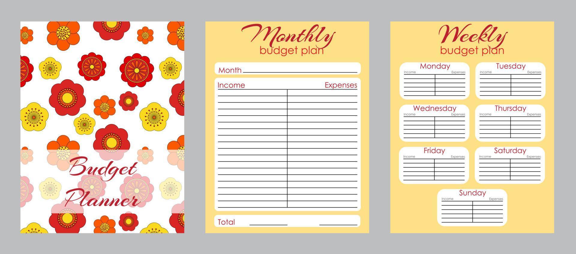 Budget planner page design template with floral pattern. Monthly and weekly budget plan template. Vector illustration