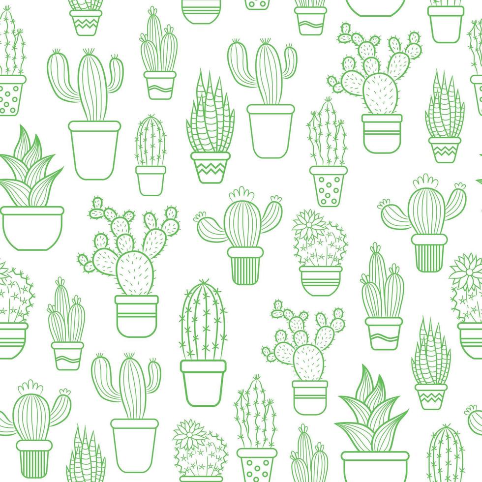 Vector seamless pattern with green cacti in pots.