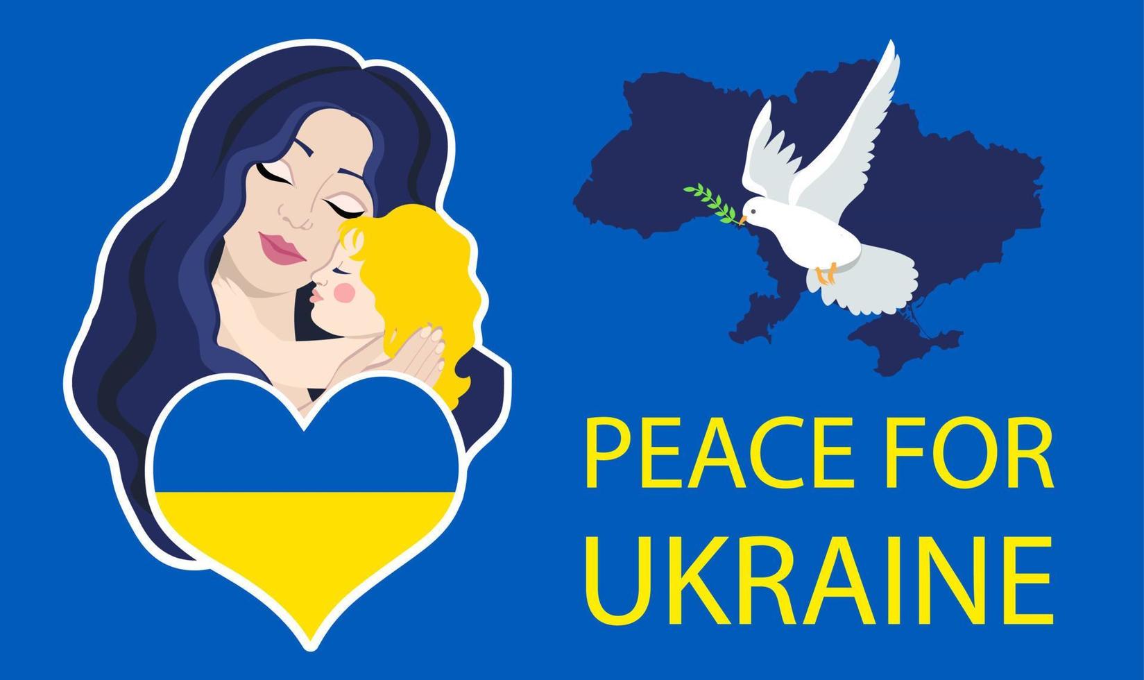 Support for Ukraine banner. No war concept. mother with child and dove of peace vector