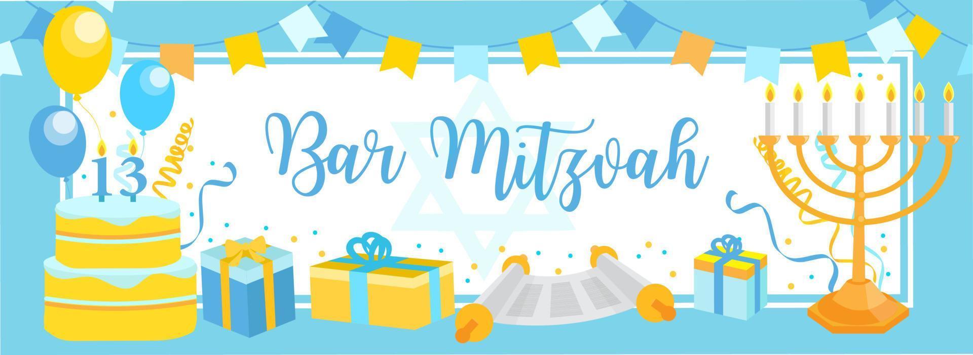 invitación de bar mitzvah o tarjeta de felicitación. festividad judía, ilustración de vector de cumpleaños de niño de 13 años