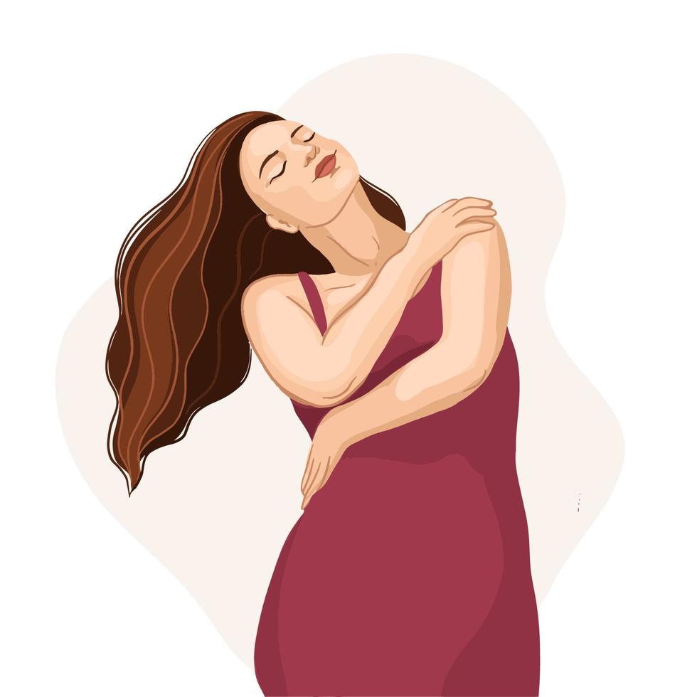 Beautiful girl hugs herself and enjoys, self-love and harmony concept, vector illustration