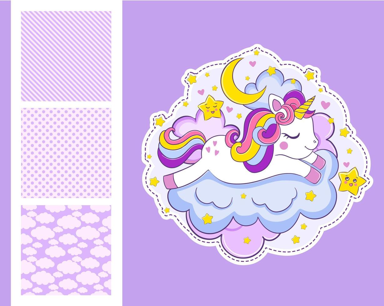 cute unicorn sleeps on the clouds print and 3 seamless pattern for children's clothing design vector