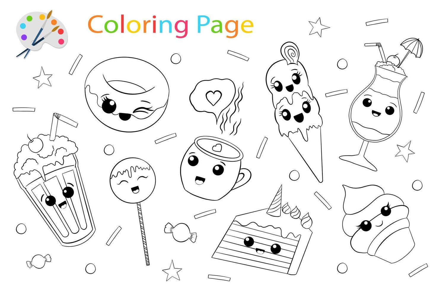Coloring vector page with cute kawaii sweets characters