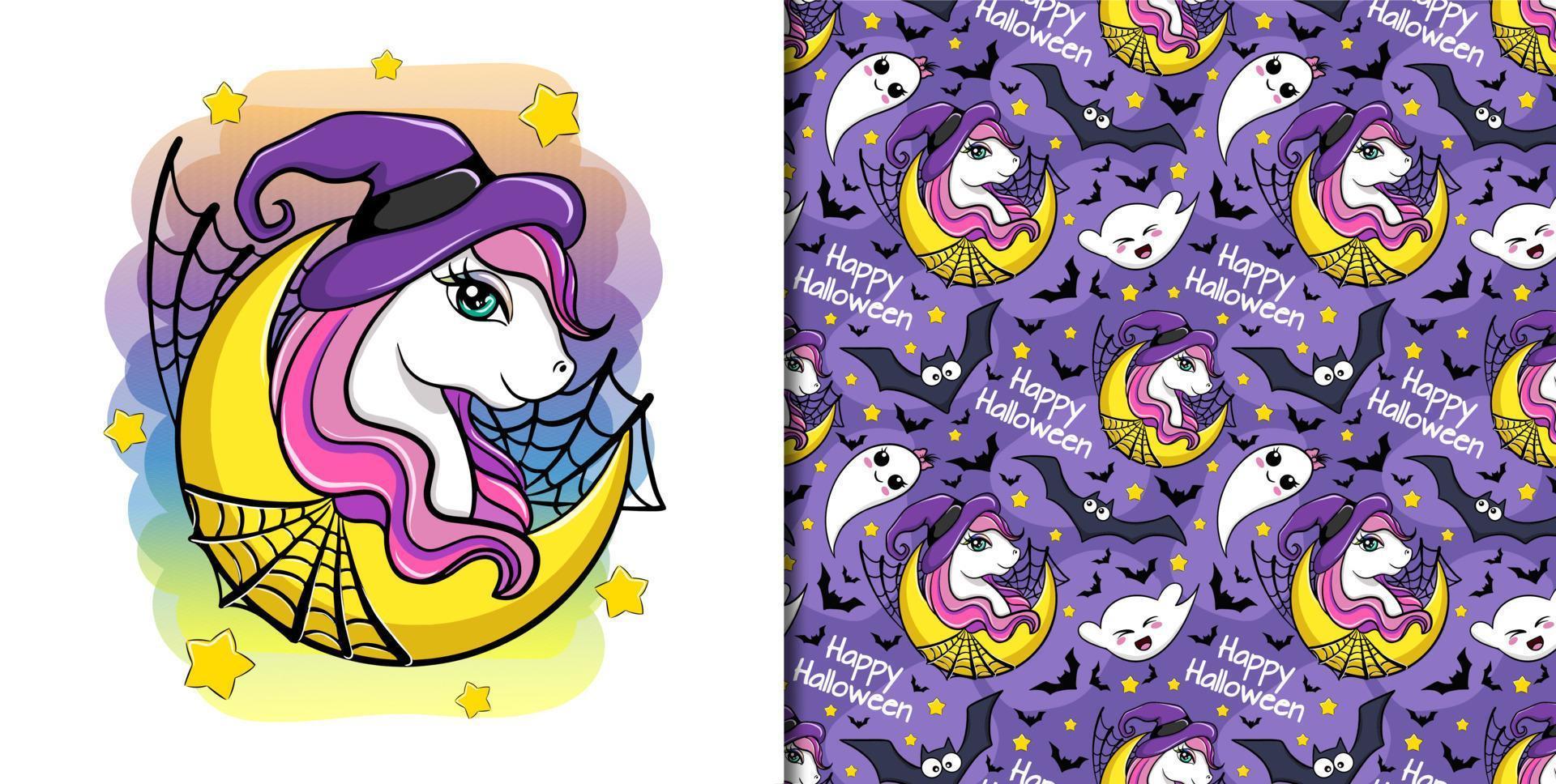Cute vector cartoon unicorn witch and spider web, halloween character and seamless pattern