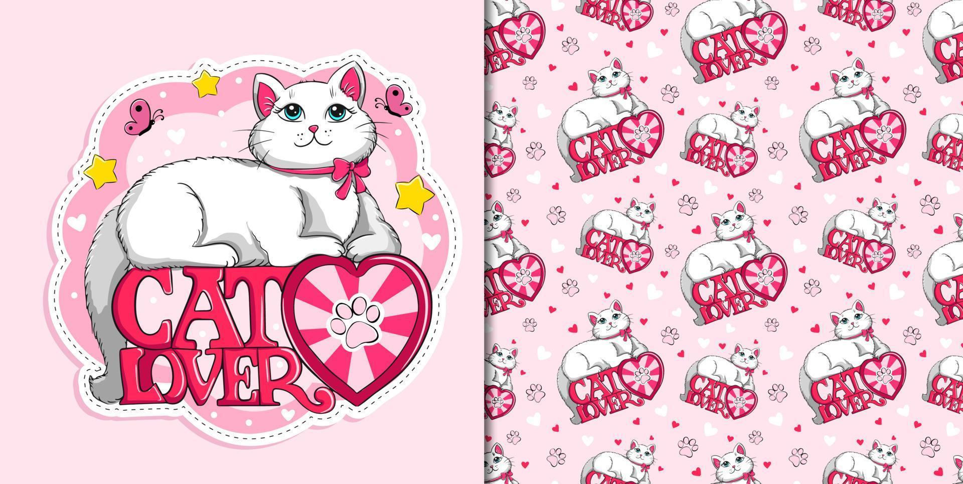 eslogan de amante de los gatos con un lindo parche de gato blanco y esponjoso en el patrón de dibujos animados de vectores de ropa para papel tapiz, diseño de tela para niños
