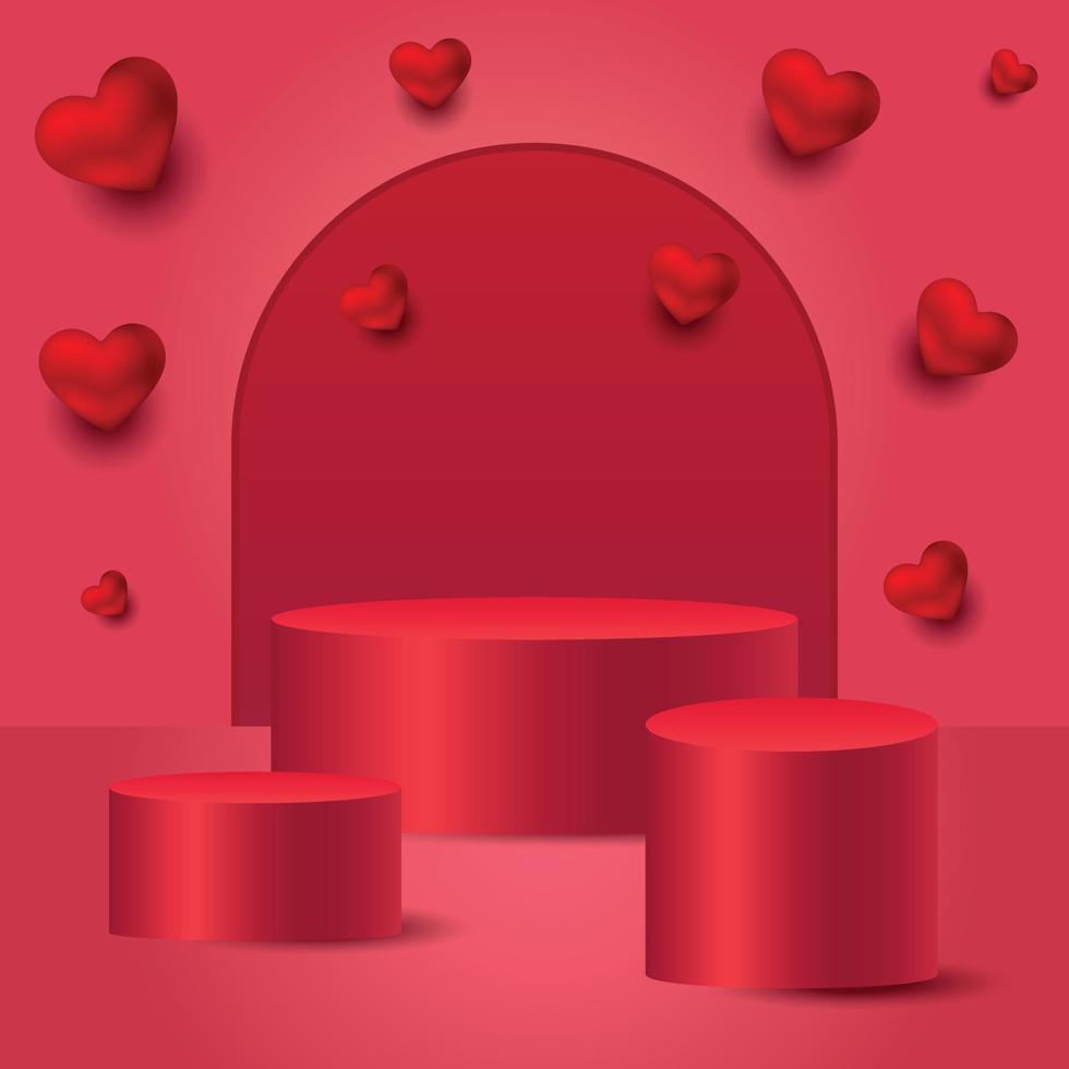 Vector Valentine's Day red cylinder pedestal podium platform. Product display presentation with heart symbol on pink background. Promotion and shopping template for love and Valentine's day concept