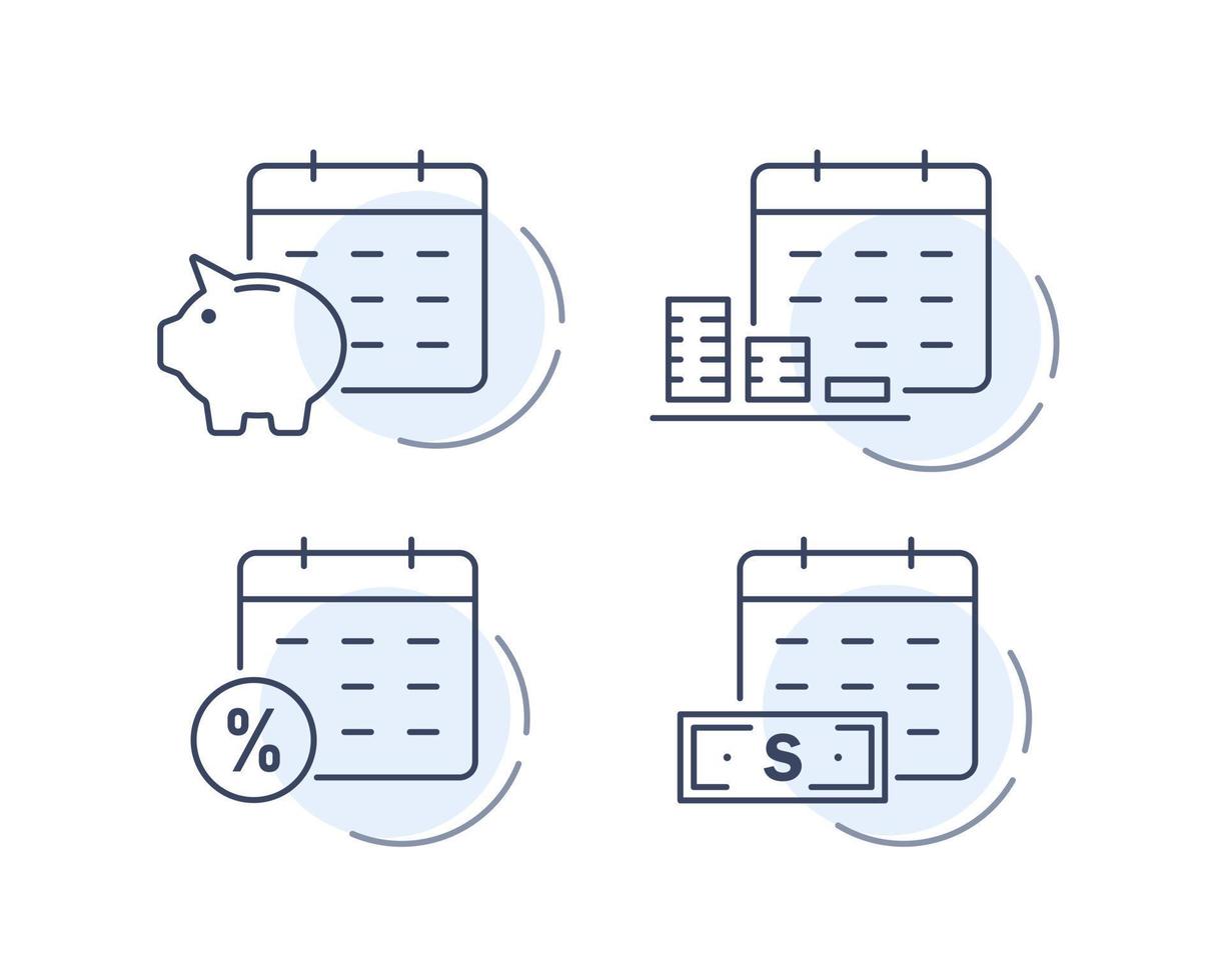 icono de línea de calendario financiero, concepto de ingresos anuales, cuenta de ahorro de banco piggy, devolución de dinero, asignación de activos, fondo de pensiones de inversión a largo plazo, símbolo de esquema de pago mensual vector