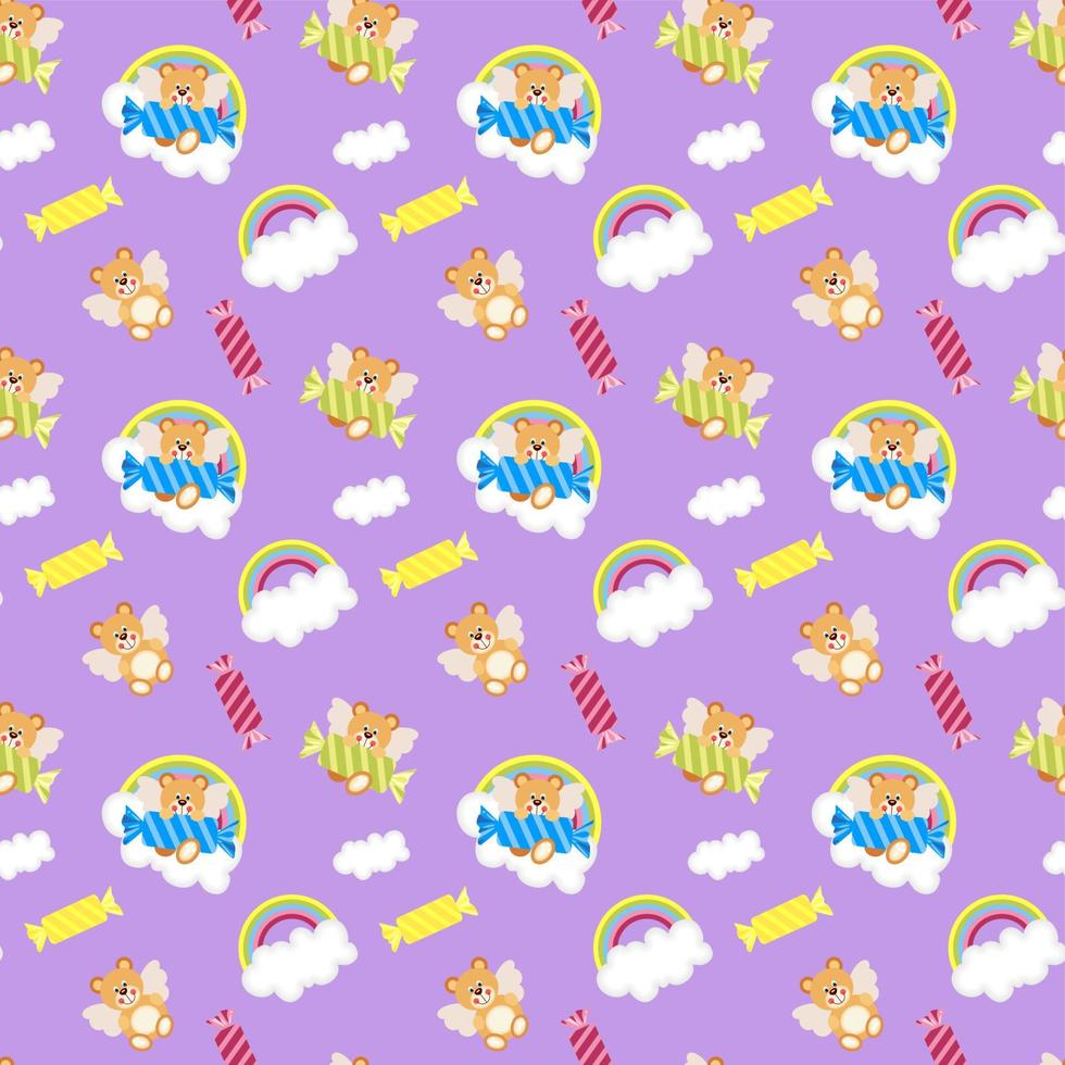 Seamless pattern background of teddy bear with wings and candies on rainbow sky vector