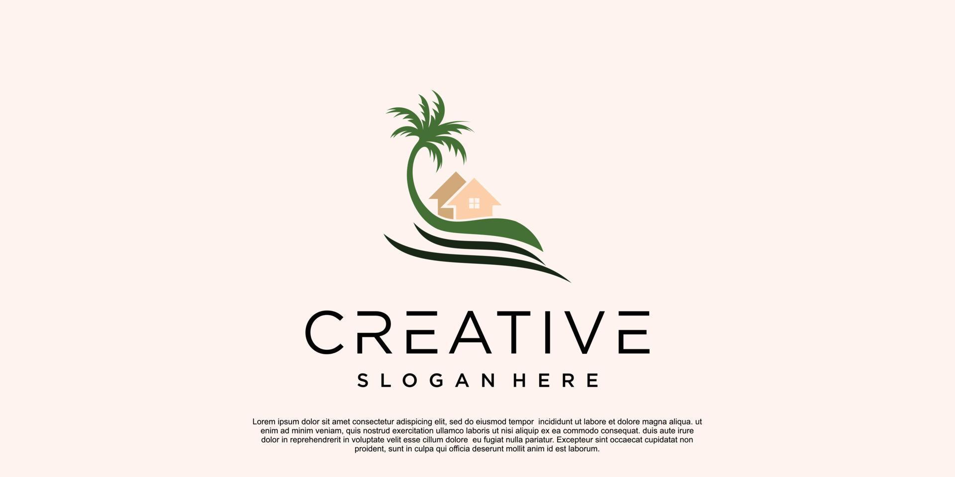 Palm trees emblems combination palm tree and beach logo Premium Vector