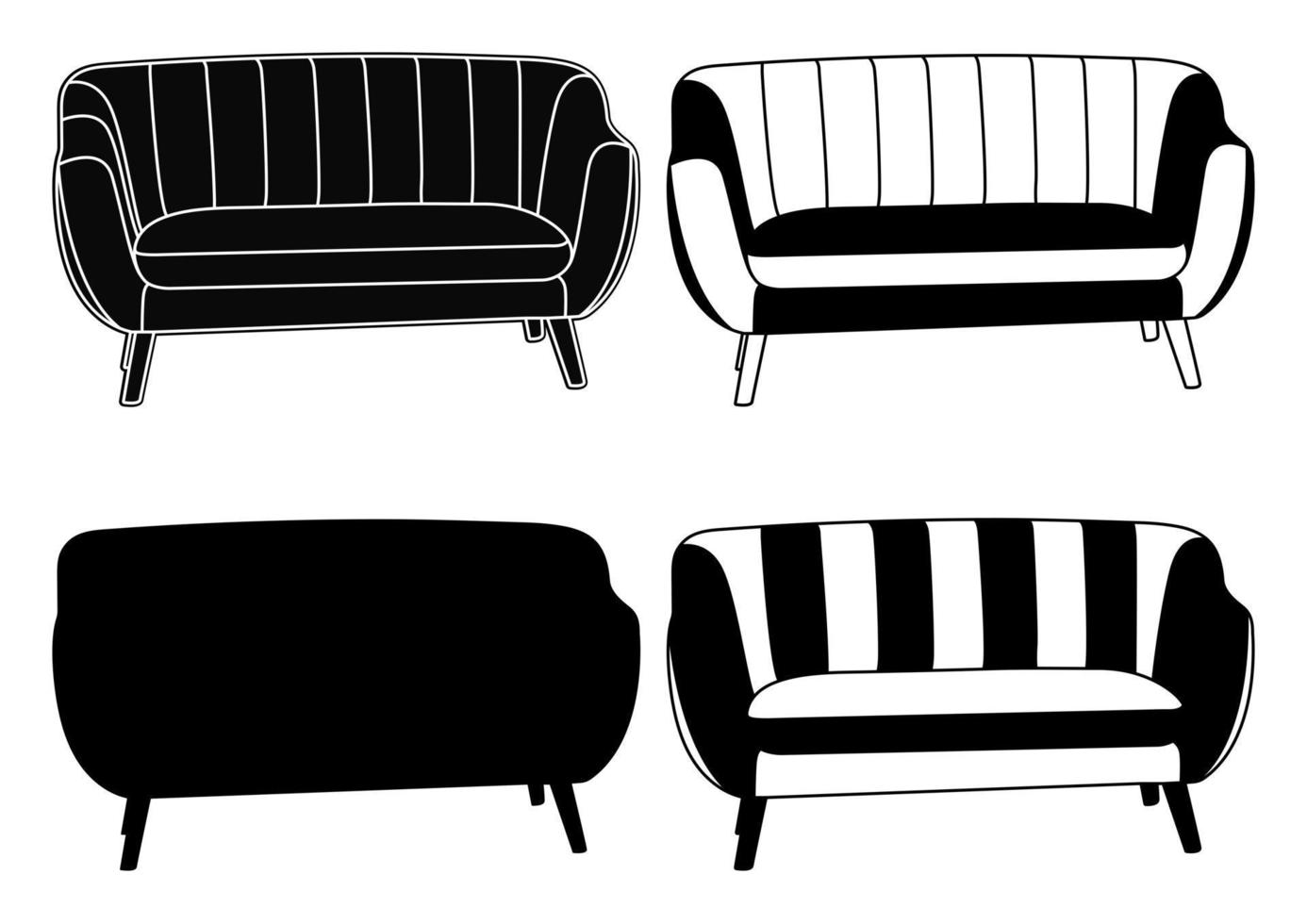 conjunto, contorno de silueta, sofá, sofá, sofá, diván, chaise longue, otomana. objeto, modelo de muebles. vector