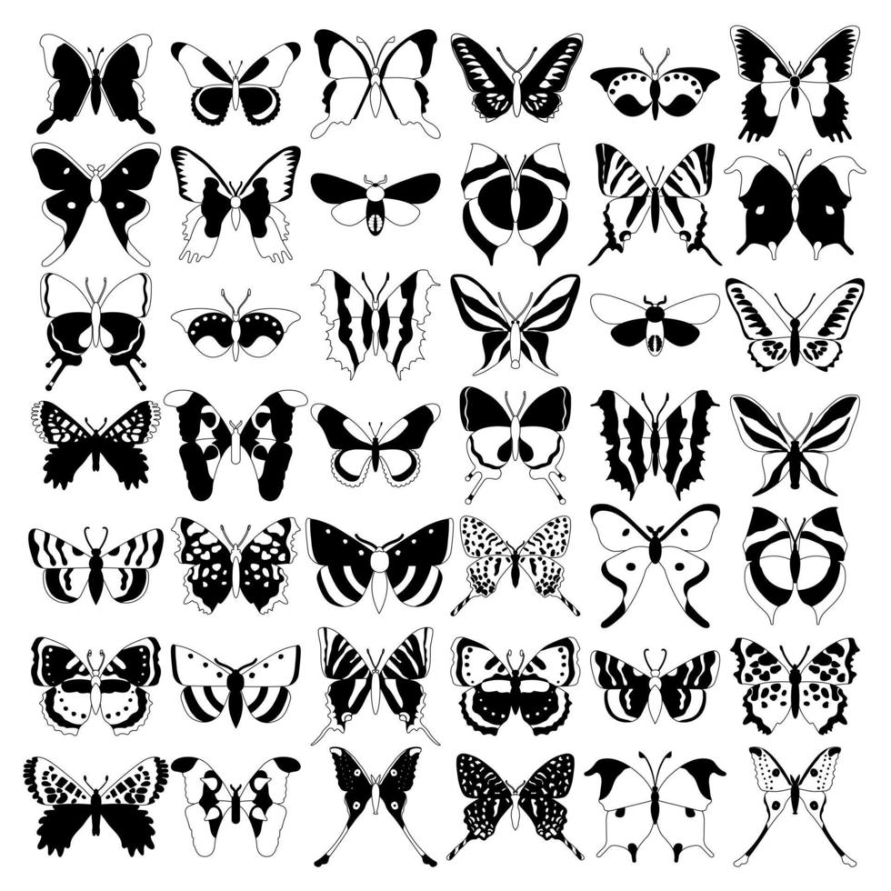 Big set butterflies on a white background, drawing decorative insect, silhouettes hand draw, isolated vector