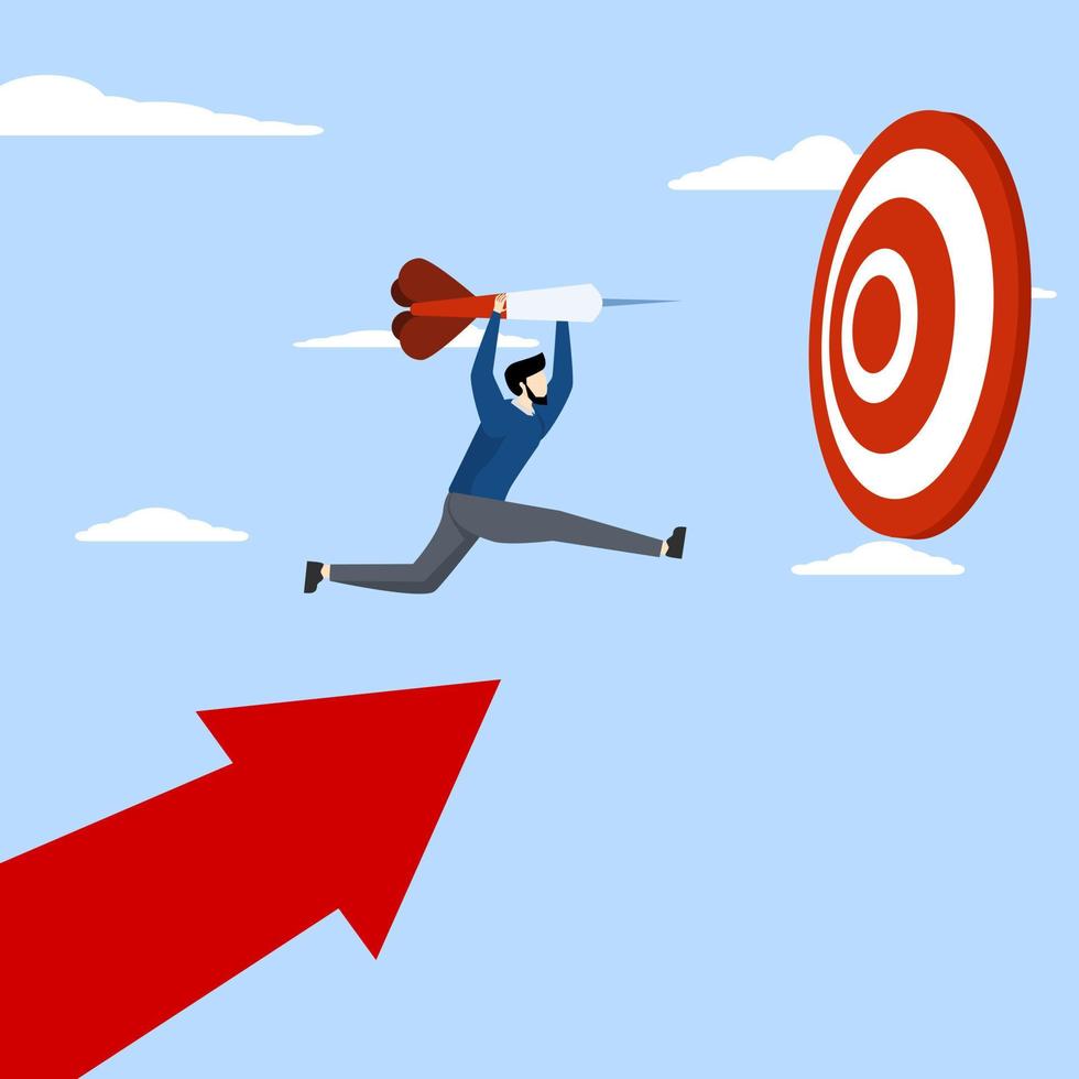 Successful business target achievement concept, achieve target and goal concept, hold graphic arrow up and jump on target bullseye to win in business strategy, businessman leader. vector