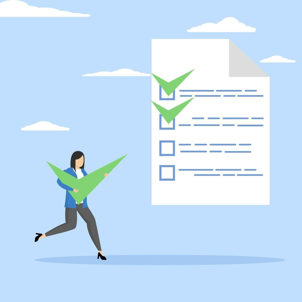 document approval concept, Checklist for completed task, project checkbox or achievement list, businesswoman carrying big tick to complete task for project tracking. vector