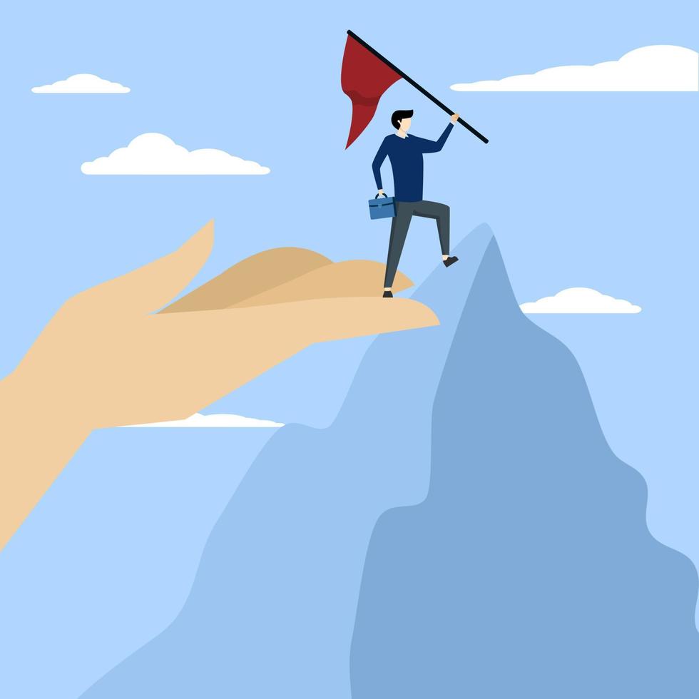 concept of inspiration or profit to achieve goals, coaching or mentor supporting employees to achieve business targets, businessman standing on giant helping hand to reach mountain top target flag vector