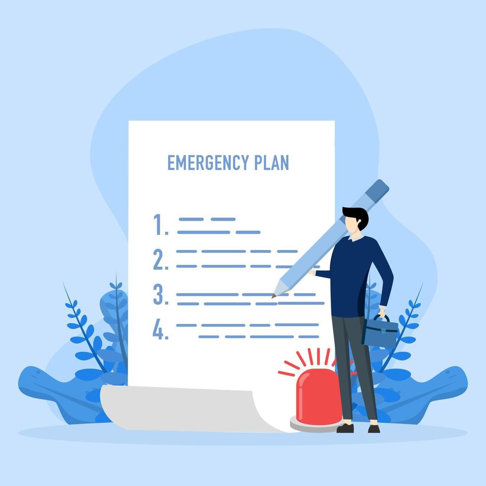 concepto de plan de emergencia empresarial, lista de verificación para hacer en caso de desastre, continuar con el negocio y crear un concepto de resiliencia, líder de negocios inteligente sosteniendo un lápiz con una sirena intermitente de papel del plan de emergencia. vector