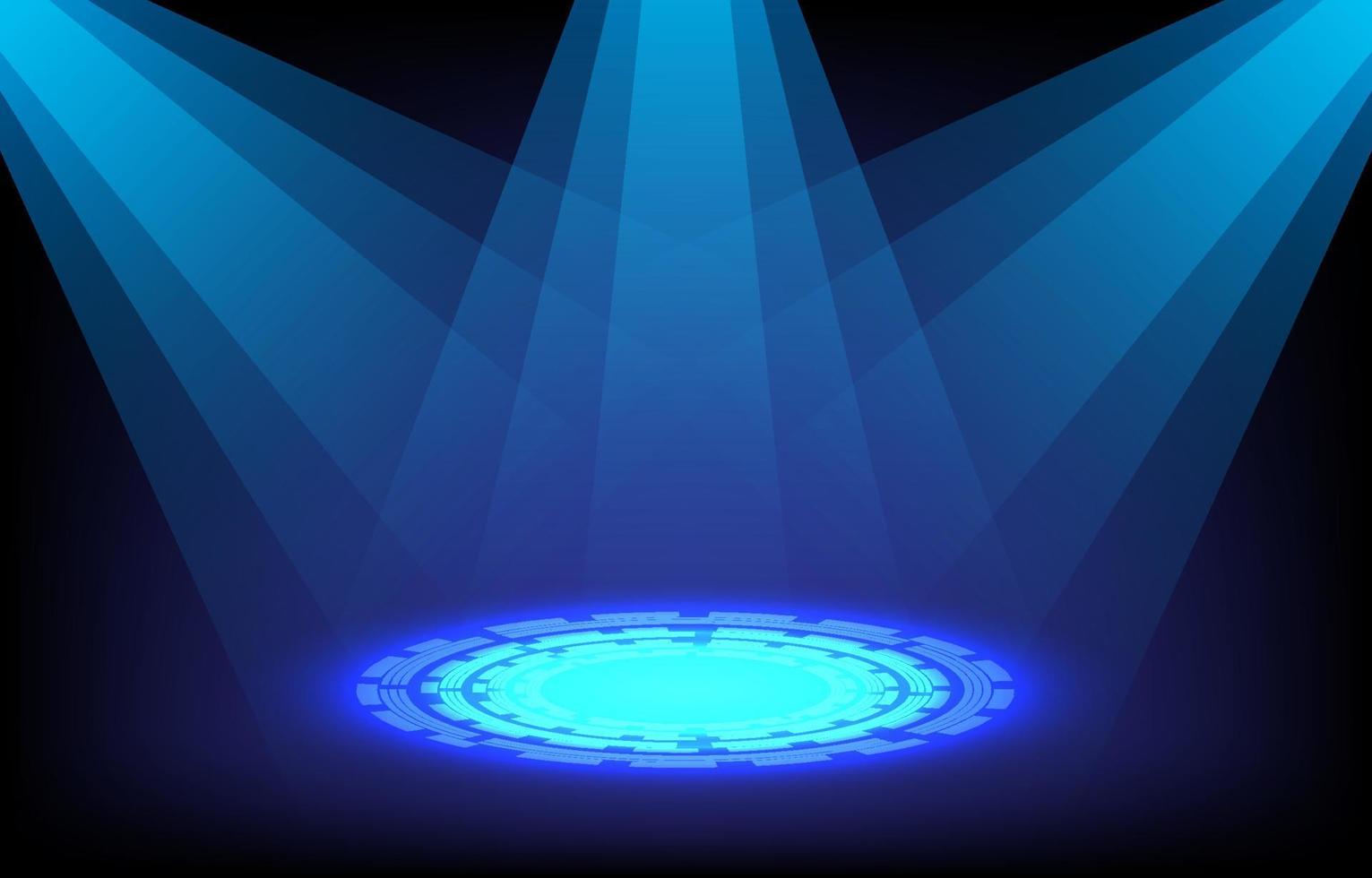 Blue neon stage with spotlights. Vector illustration. Stage light, podium, warp gate on futuristic technology concept. Futuristic circle podium for gadget display glow in the dark background.