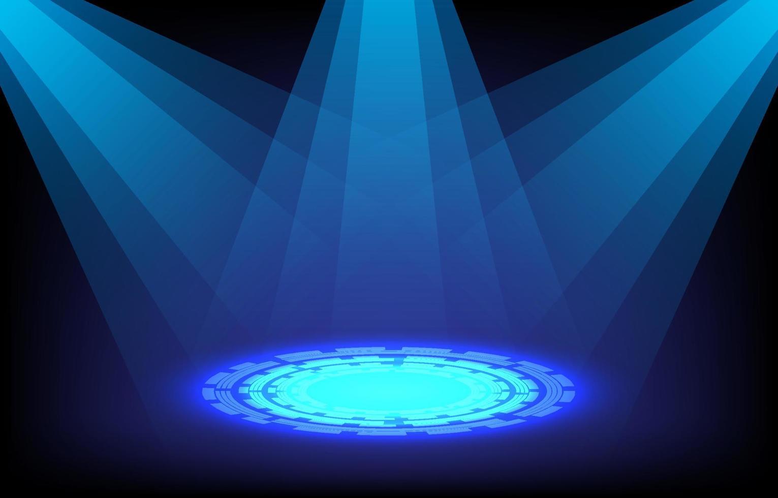 Blue neon stage with spotlights. Vector illustration. Stage light, podium, warp gate on futuristic technology concept. Futuristic circle podium for gadget display glow in the dark background.