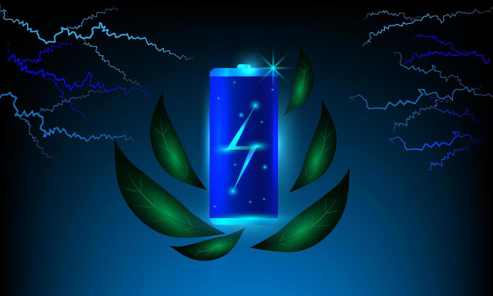 carga de batería eléctrica azul. concepto de energía ecológica sostenible con batería de carga y hojas verdes en estilo futurista brillante. Ilustración de vector de tecnología de energía ecológica alternativa.