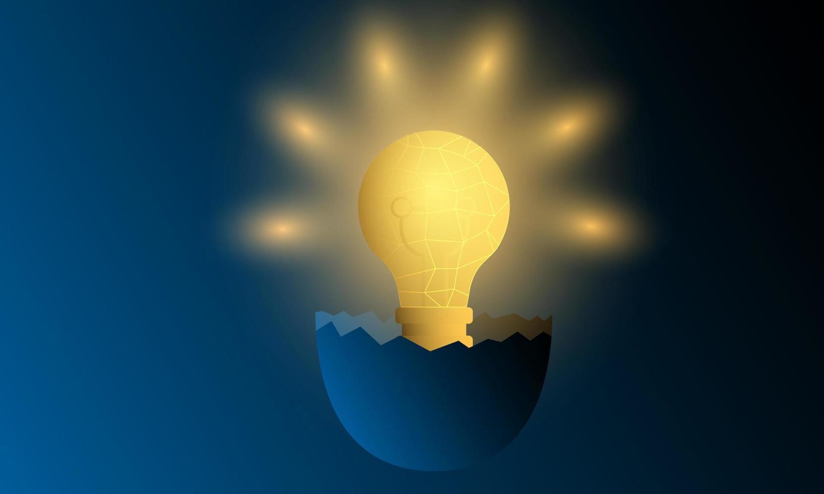 Futuristic idea concept. Lightbulb electricity and broken eggshell glowing symbols. Technology abstract idea vector. Graphic design concept of business idea. Glow in the dark background. vector