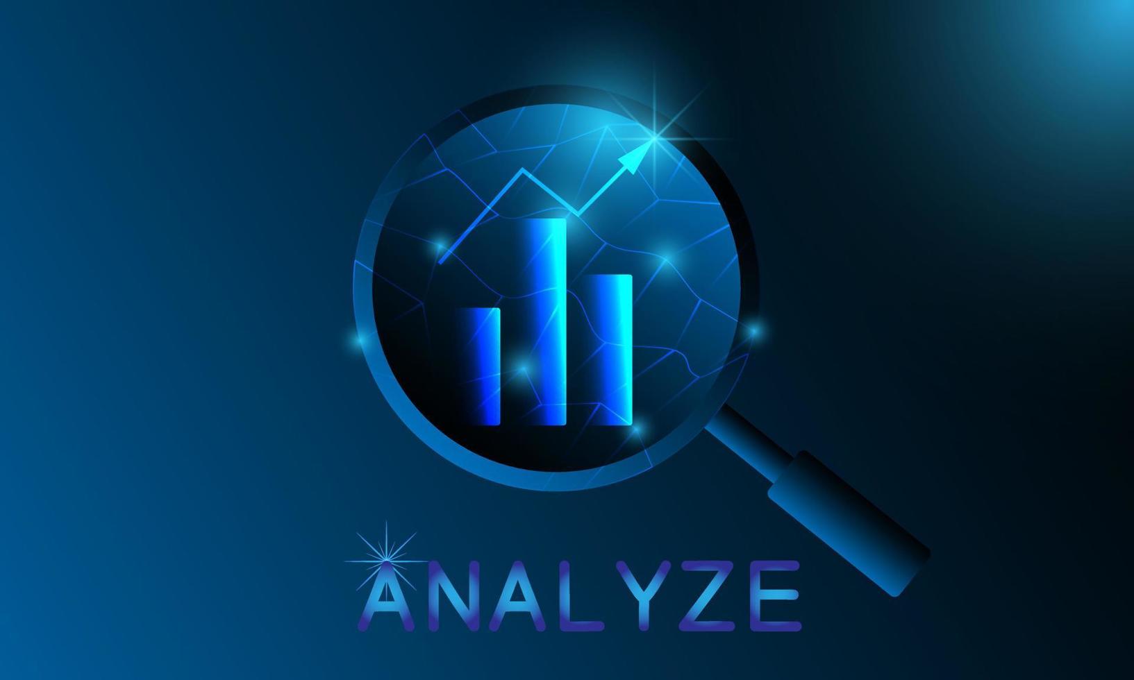 Futuristic analyze concept. Magnifying glass and graph growth glowing symbols and text. Technology abstract analyze vector. Graphic design concept of business analyze. Glow in the dark background. vector