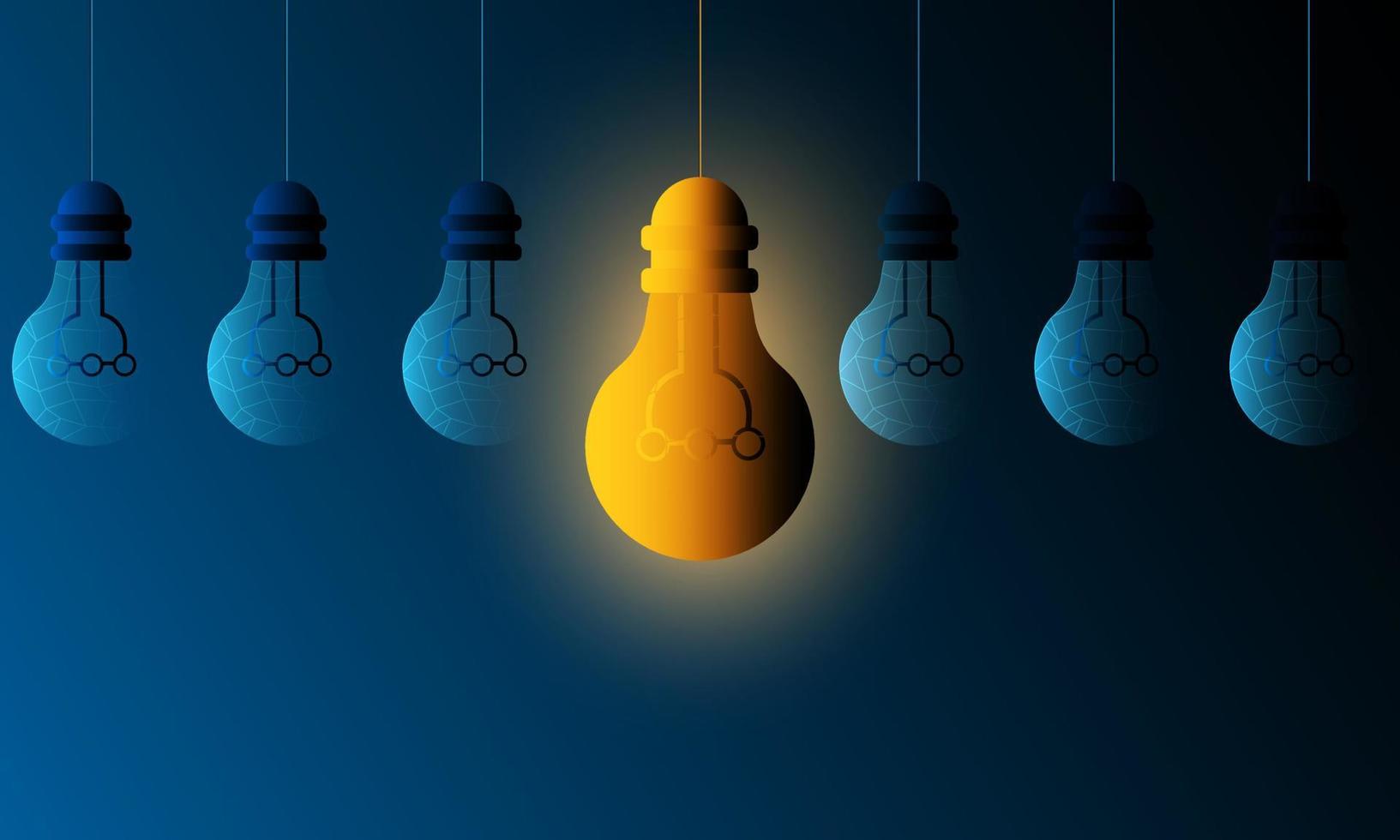 Lightbulbs on blue background. Creativity idea concept with innovation or inspiration in business. Thinking outside the box. Strategy and leadership on teamwork. Opportunity, solution and success. vector