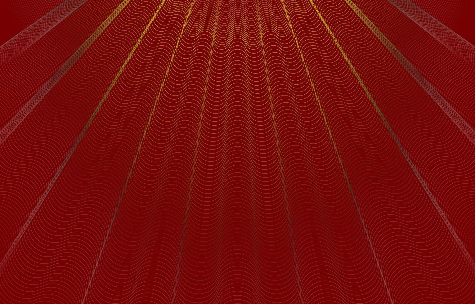 Colorful wavy striped pattern. A golden spider web is woven into a laser beam of light shining down on a red background. Abstract geometric wave reflective golden aura vector background.