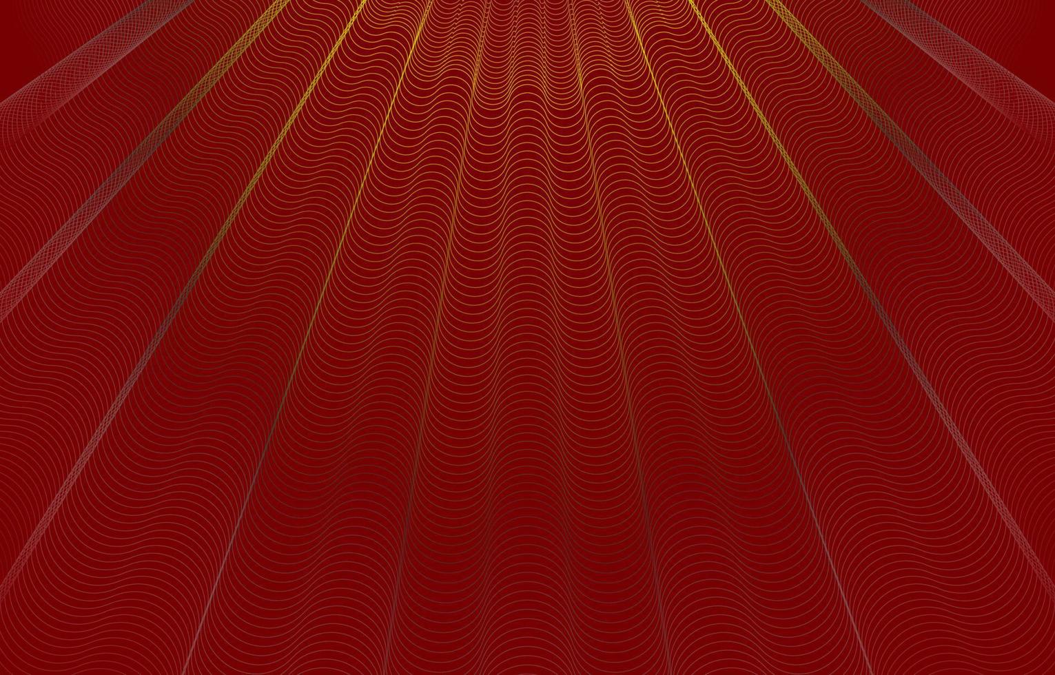 Colorful wavy striped pattern. A golden spider web is woven into a laser beam of light shining down on a red background. Abstract geometric wave reflective golden aura vector background.