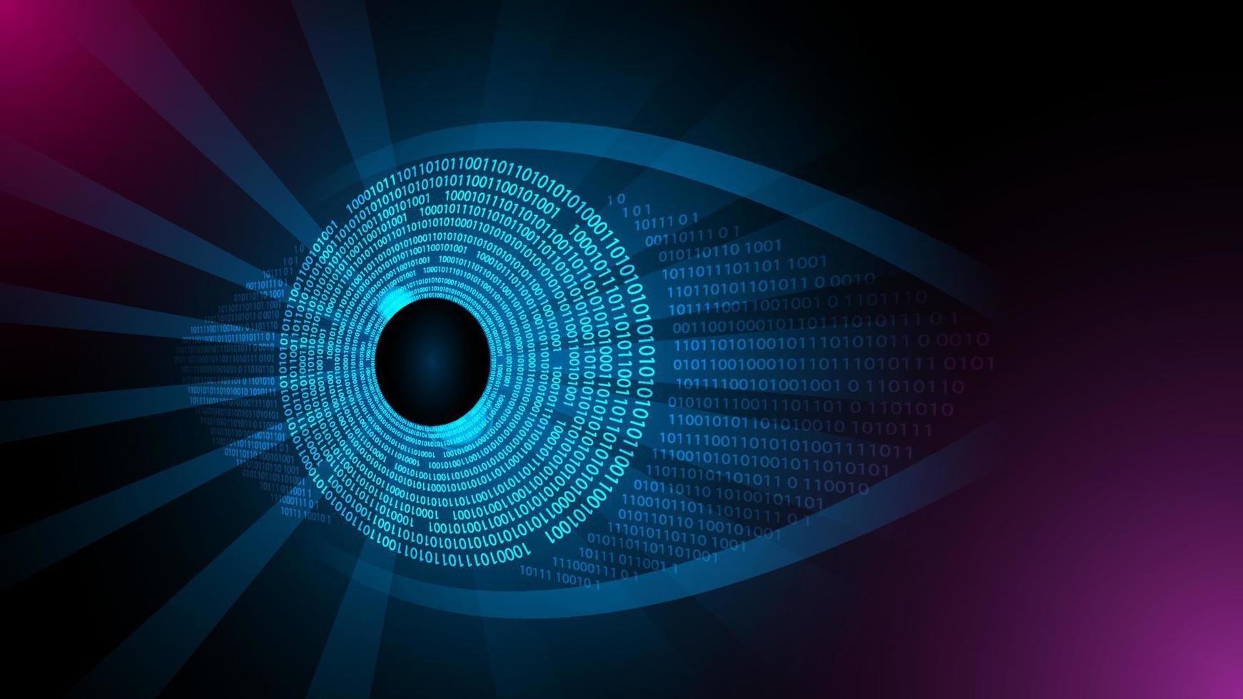 Digital eye data network cyber security technology binary code 0 to 1 glowing blue on dark background. Futuristic tech of virtual cyberspace and internet secure surveillance. Safety scanner. Vector