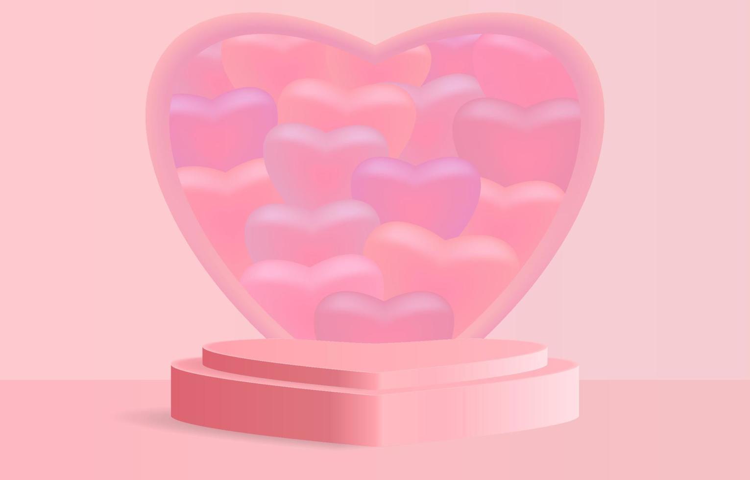 Heart shaped podium on many jelly hearts in a big heart box backdrop. Sweet pink pastel concept. Minimal scene for valentine product display presentation, stage for showcase, promotion display. Vector