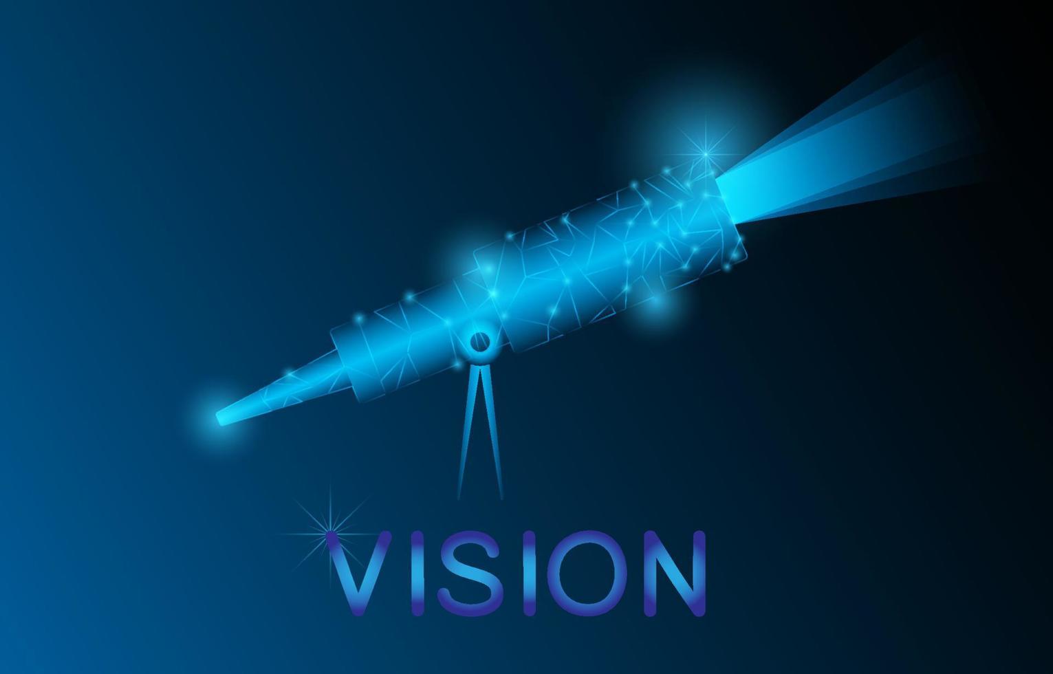 Futuristic vision concept. The telescope glowing symbol and text. Technology abstract vision vector illustration. Graphic design concept of business vision. Glow in the dark background.