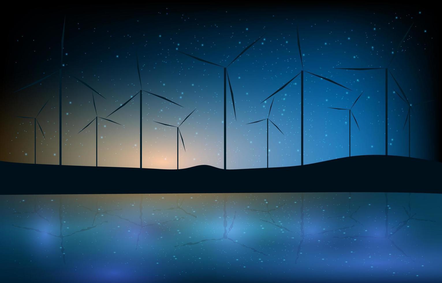 concepto de energía renovable y ecológica. tecnología molino de viento energía. molino de viento abstracto con amanecer, cielo nocturno, agua y montaña sobre fondo azul degradado. vector de paisaje de turbina de energía eólica.