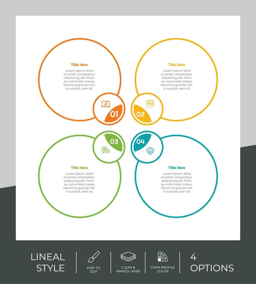 4 opciones de diseño vectorial infográfico de línea con objeto circular para marketing. la infografía opcional se puede utilizar para presentaciones y negocios. vector