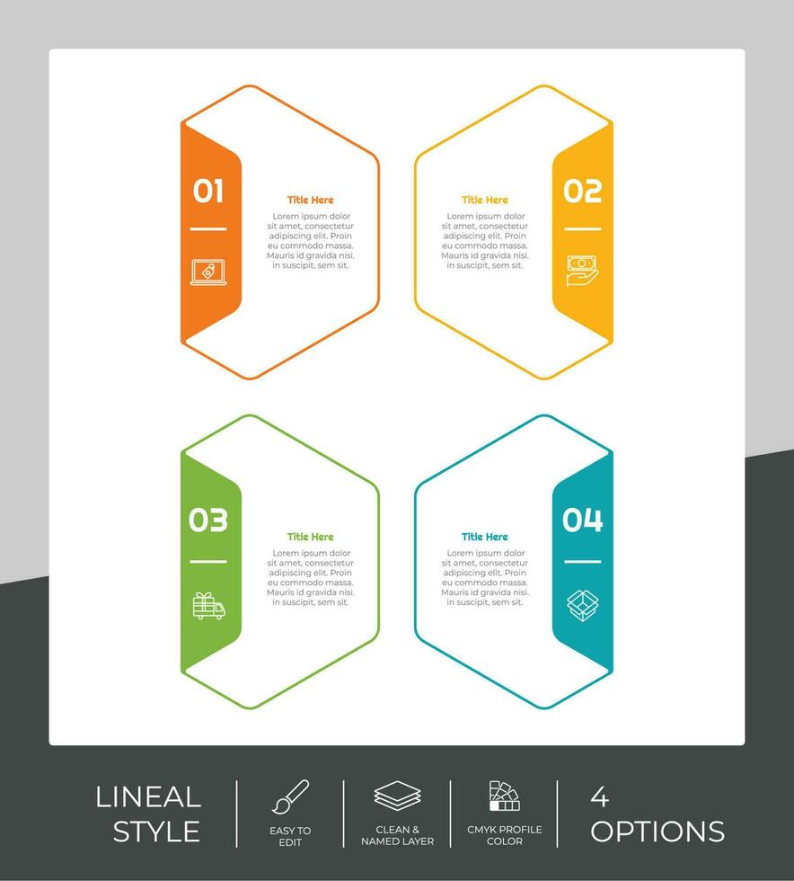 4 opciones de diseño vectorial infográfico de línea con objeto hexagonal para marketing. la infografía opcional se puede utilizar para presentaciones y negocios. vector