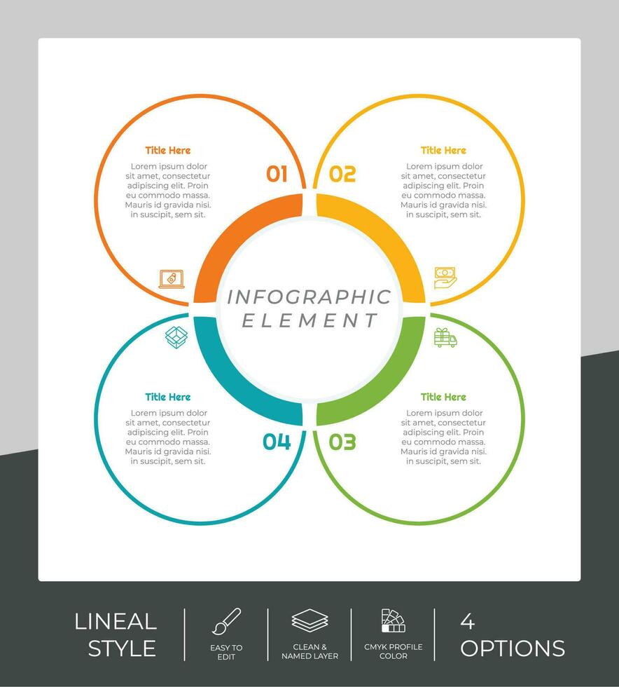 4 opciones de diseño vectorial infográfico de línea con objeto circular para marketing. la infografía opcional se puede utilizar para presentaciones y negocios. vector