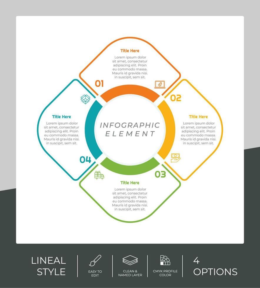 4 opciones de diseño vectorial infográfico de línea con objeto circular para marketing. la infografía opcional se puede utilizar para presentaciones y negocios. vector